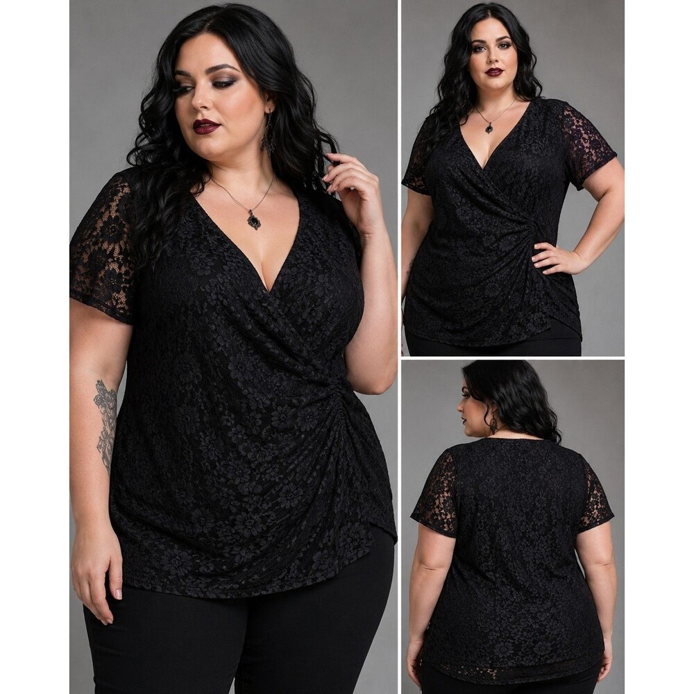 Lane Bryant 22/24 Black Lace Goth Faux Wrap Top Plus Size Ruched Stretch